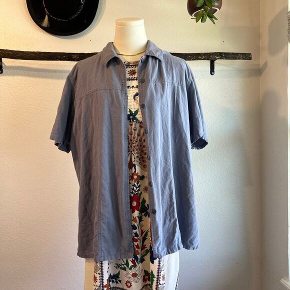 Vintage 90s Blue Textured Silk Button Front Short Sleeve Oversized Shirt Size XL - Picture 9 of 9
